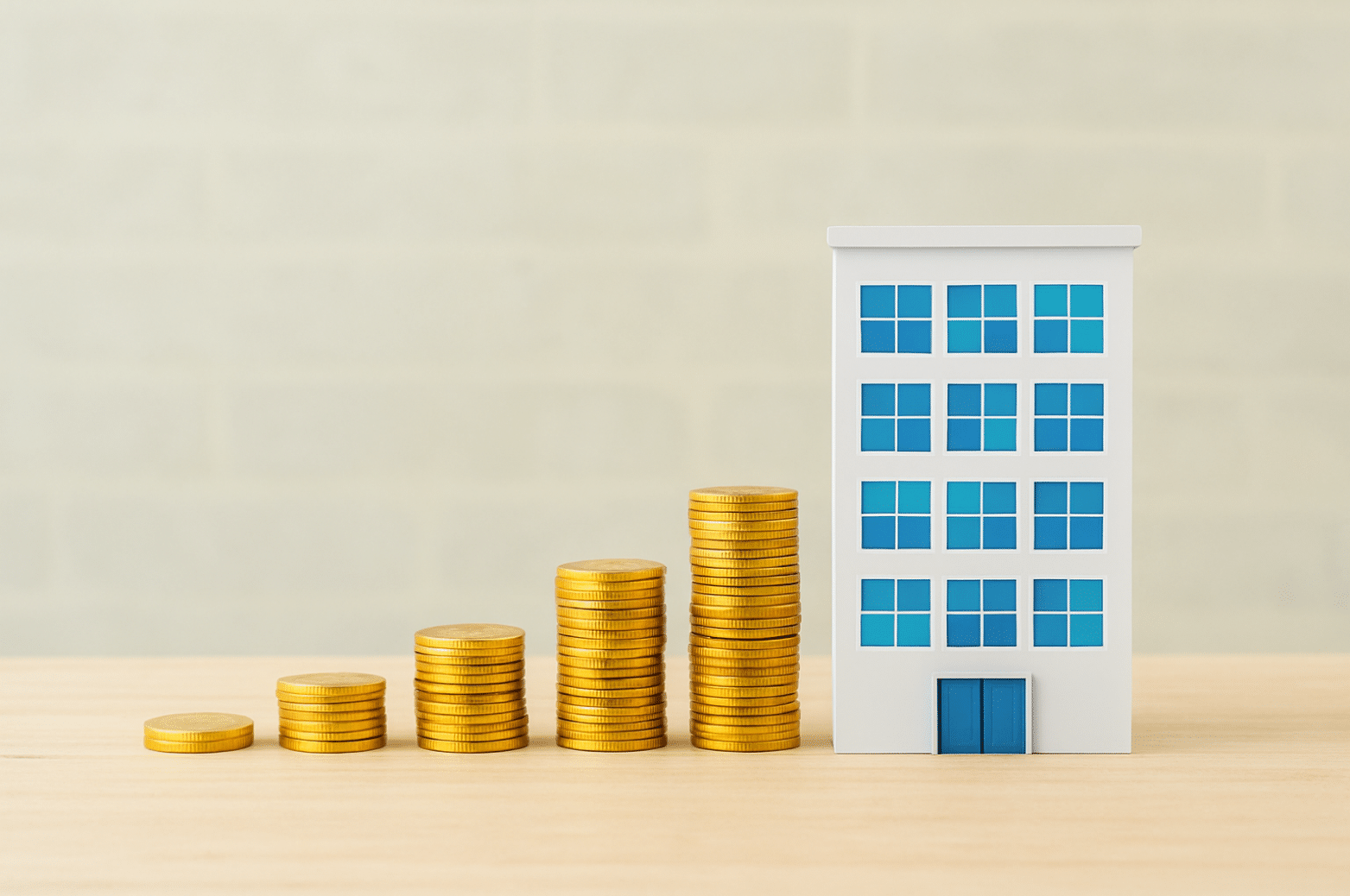 Edificio e monete impilate